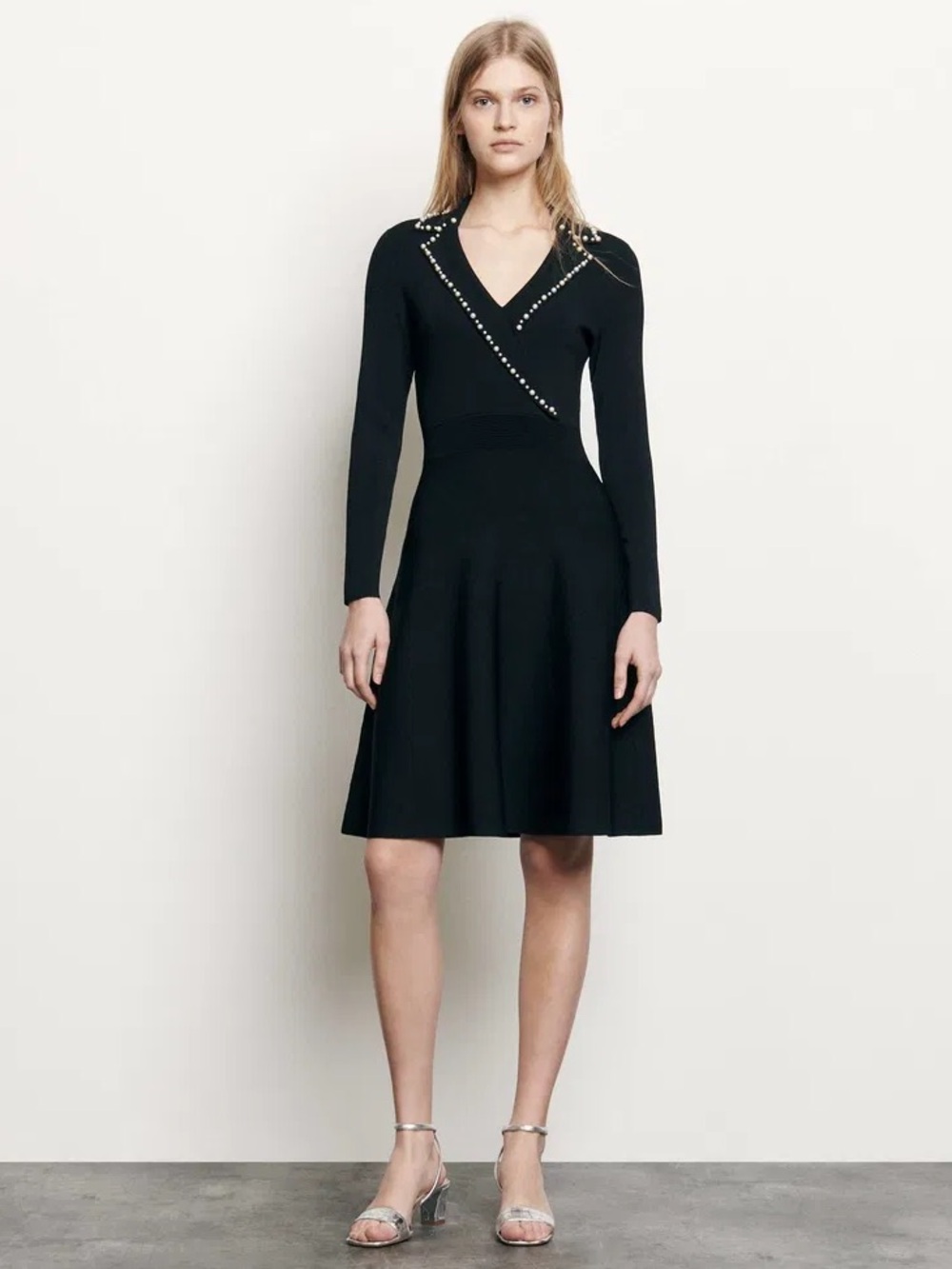 Sandro Paris Pearl Lapel Long Sleeve Fit & Flare Sweater Mini Dress - Black - Picture 3 of 16